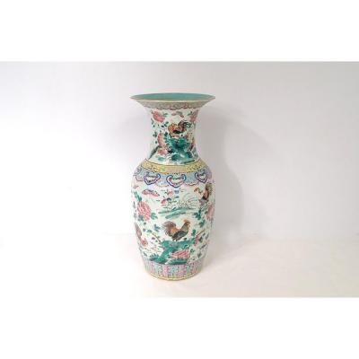 Large Chinese Porcelain Baluster Vase Butterfly Flowers China Rooster 19th