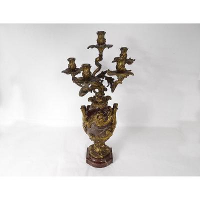 Large Candelabra In Bronze And Marble Five Arms Light Acanthus Leaves
