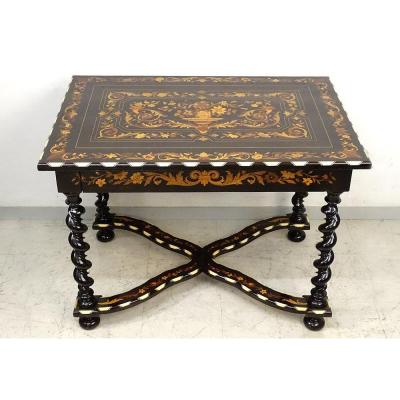 Dutch Table Marquetry Flowers Blackened Wood Twisted Feet Nineteenth