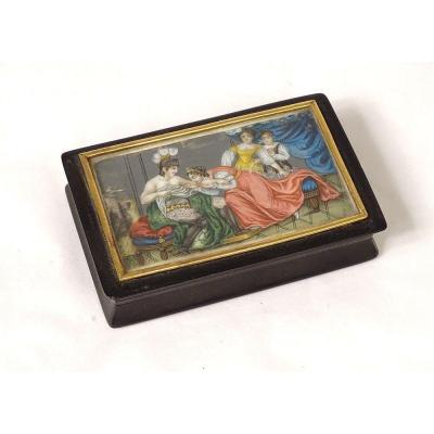 Tortoiseshell Box Horn Miniature Ivory Gallant Scene Soldier Women Nineteenth Century