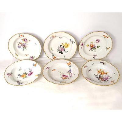 6 Hollow Plates Meissen Porcelain Eighteenth Taste Flowers Nineteenth Gilding