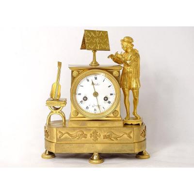 Gilt Bronze Clock Troubadour Musician Flute Guitar Dolphins Nineteenth