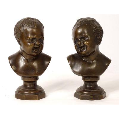 Pair Of Bronze Sculptures Jean Qui Rit Jean Qui Pleure d'Ap. Houdon XIXth