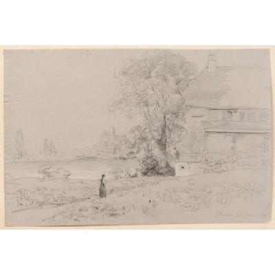 Drawing T. Gudin Landscape Thun Lake Thun Castle Chalet Nineteenth Character