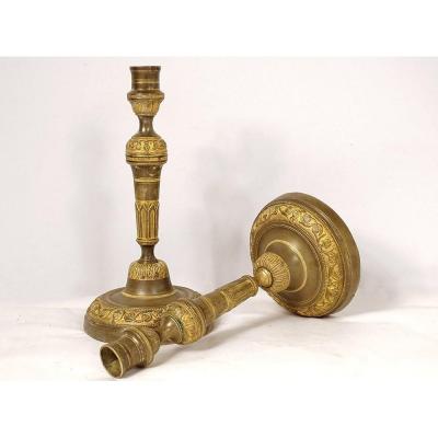 Pair Louis XVI Candlesticks Gilt Bronze Candlesticks Urns Garlands XVIIIth