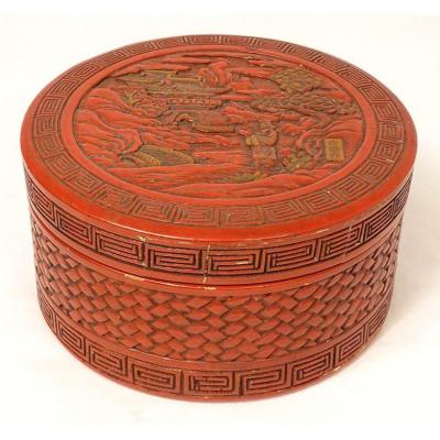 Round Box Cinnabar Lacquer China Character Landscape Pagoda Signed XIXth