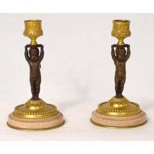 Pair Candlesticks Flambeaux Bronze Marble Cherubs Amours Napoleon III Nineteenth