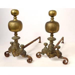 Pair Andirons Said To Marmosets Brass Busts Women XVIIth Century