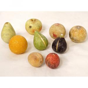 Set 9 Fruits Marble Carrara Polychrome Apple Peach Fig Pear Nineteenth