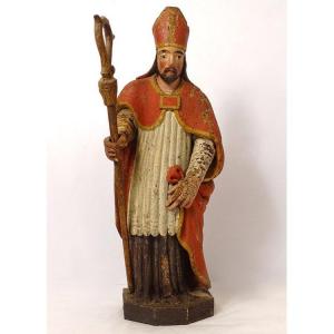 Polychrome Carved Wood Statue Bishop Crosse Saint-eloi XVIIIth Century