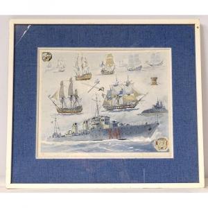 Gouache Albert Sébille Boats Three-masted Ship Marine Tiger XXth Century