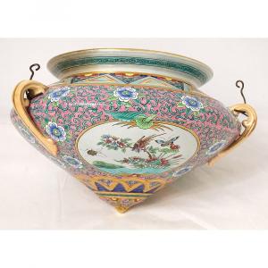Hanging Cup Planter Earthenware Sarreguemines China Nineteenth Birds