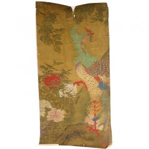 Japanese Silk Paper Painting Roll Phoenix Bird Flowers Landscape Late Eighteenth
