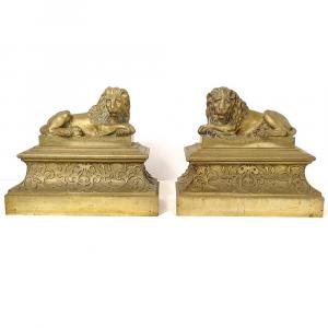 Pair Andirons Gilt Bronze Lions Lying Château Neuilly Restoration Nineteenth