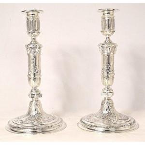 Pair Candlesticks Louis XIV Silver Bronze Berain Decor XIXth Century