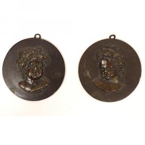 Pair Bronze Medallions Child Portraits Bacchus Bacchante Late 18th Century