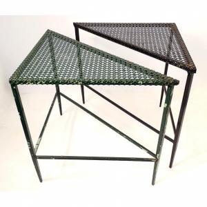 2 Triangular Coffee Tables Mathieu Matégot Painted Perforated Metal XXth