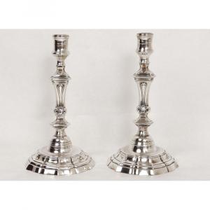 Pair Candlesticks Flambeaux Regency Silver Bronze Shells 18th
