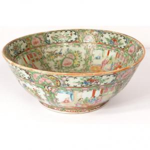 Canton Porcelain Punch Bowl China Characters Flowers Birds Nineteenth