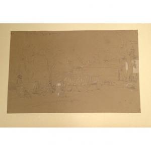 Drawing Th. Gudin Characters Village Mosque Constantinople Turkey XIXth