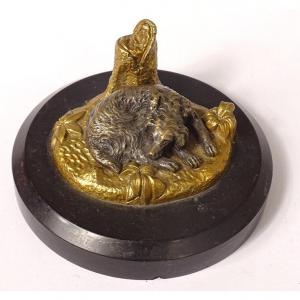 Small Paperweight Sculpture Bronze Dog Lying Black Marble XVIIIth XIXth