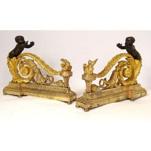 Pair Andirons Louis XVI Gilt Bronze Cherubs Children Arabesques Eighteenth