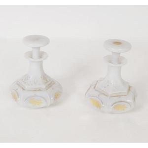 Pair Baccarat White Opaline Bottles Gilding Foliage XIXth Century