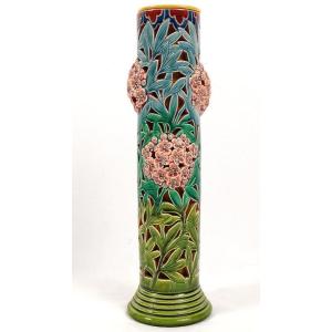 Sarreguemines Earthenware Tubular Vase Openwork Flowers Foliage XIXth Century