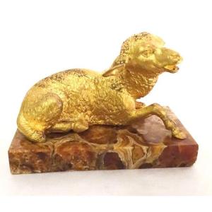 Sculpture Paperweight Gilt Bronze Ewe Marble Breccia XIXth Century