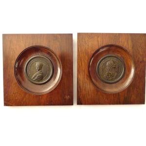 Pair Bronze Medals Portraits Rousseau Voltaire Engraver Waechter XVIIIth
