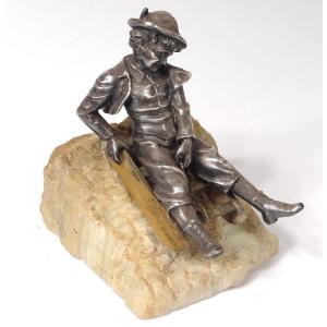 Silver Bronze Sculpture Child Sledge Stone XXth Century