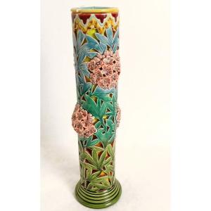 Sarreguemines Earthenware Tubular Vase Openwork Flowers Foliage XIXth Century