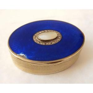 Oval Box Sterling Silver Foreign Guilloche Blue Enamel Pb 47.57gr Twentieth