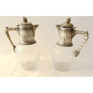 Pair Carafes Cut Crystal Sterling Silver Twisted Minerva Late Nineteenth Century