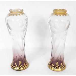 Pair Engraved Crystal Vases Hibiscus Flowers Foliage Gilding Art Nouveau Nineteenth