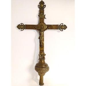 Processional Cross Christ Crucifix Bronze Golden Brass Virgin Mary XVII