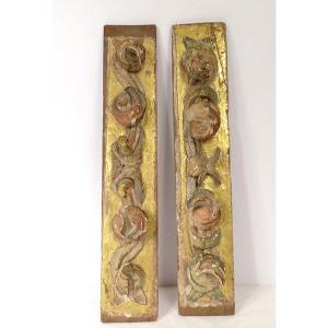 Pair Decorative Panels Golden Polychrome Wood Carved Flowers XIXth Century