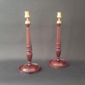 Pair Of English Candlesticks In Mahogany 18th Century
