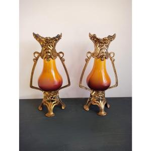 Pair Of French Art Nouveau Ceramic Vases With Metal Mounts, Circa 1900-1910,