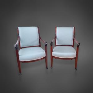 Pair Of Empire Solid Mahogany Armchairs - Early 19th Century