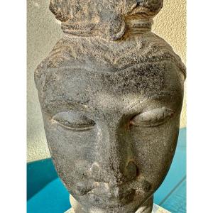 Gandhara Buddha Head (pakistan-afghanistan) In Gray Schist Period III / IV Century 