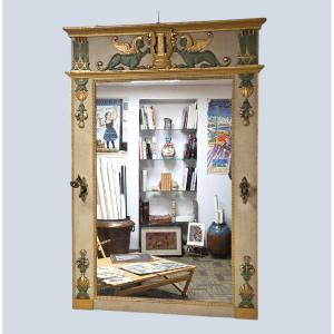 Large Directoire-style Overmantel Mirror In Lacquered And Gilded Wood – Winged Sphinxes – Late 19th Century