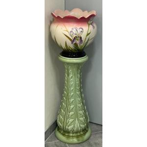 Flowerpot And Its Column In Barbotine, Jérôme Massier 1850-1916, Vallauris