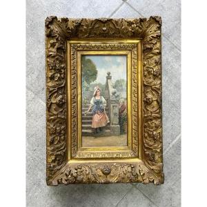 19th Century Panel Painting With Gold Leaf Frame