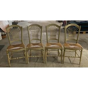 4 Provençal Chairs In Cream-painted Beech Wood With Green Trim And Natural Straw