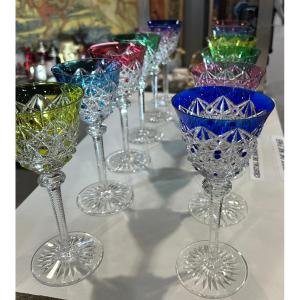 12 Large Colored Crystal Glasses, Saint Louis Roemer Pattern