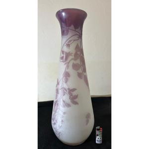 Gallé Vase In Multi-layered Glass, Acid-etched In A Violet Color, Decorated With A Wisteria Branch