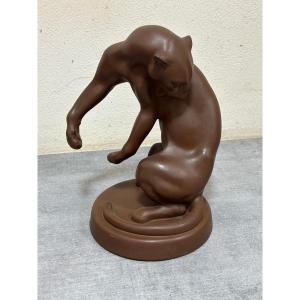 Panther From The Meissen Factory In Terracotta Signed