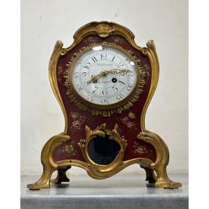 Cartel Clock In Lacquer With Hand-painted Flower Motif And Gilded Bronze