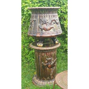 Cachepot On Column With Dragons 19th Chinese Style